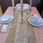 Our Vintage Table with Antique Rose Satin Overlay, Burlap Runner with an added touch of elegance with the Lace Runner